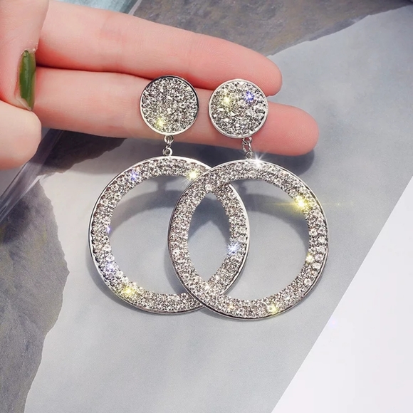 New Silver Luxury Double Circle Earrings - Picture 2 of 2